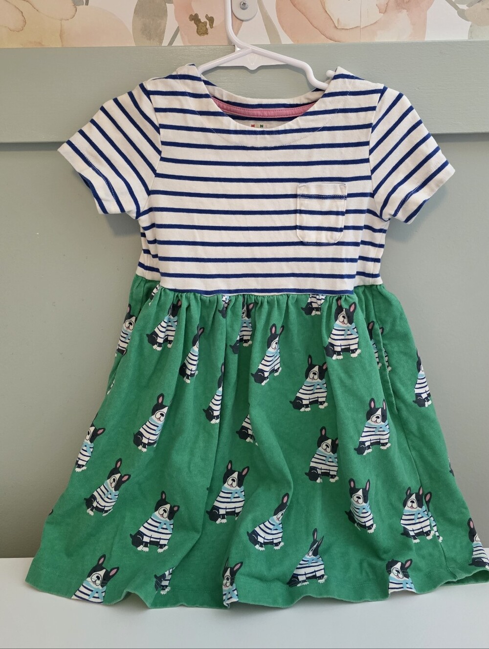 Mini Boden 4-5 Blue-White Striped Top with Green French Bulldog Dog Dress 4t 5t
